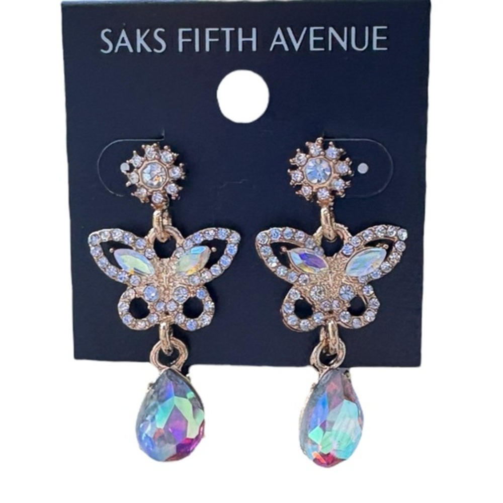 3/$40 Saks Fifth Avenue Butterfly Dangle Teardrop Earrings Multicolor Crystal